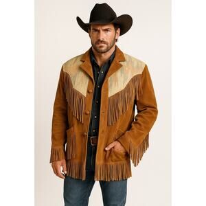 1970s Pioneer Wear USA Suede Fringe Jacket Southwest Wool Yoke Western Coat M-L
